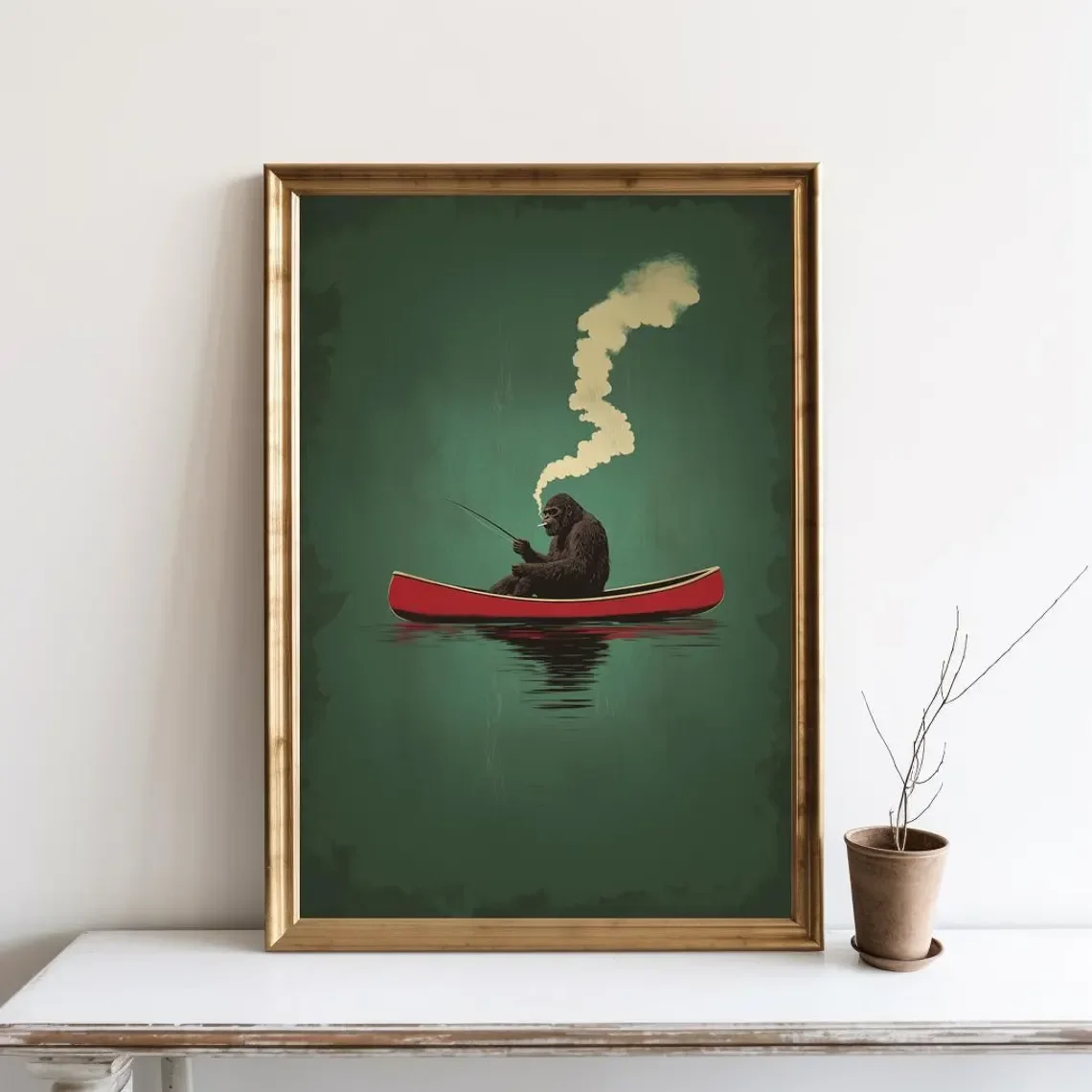 Bigfoot on a Red Canoe Fishing Wall Art, Lake House Wall Decor, Retro Canvas Art Poster Print, Whimsical Sasquatch Funny Bigf