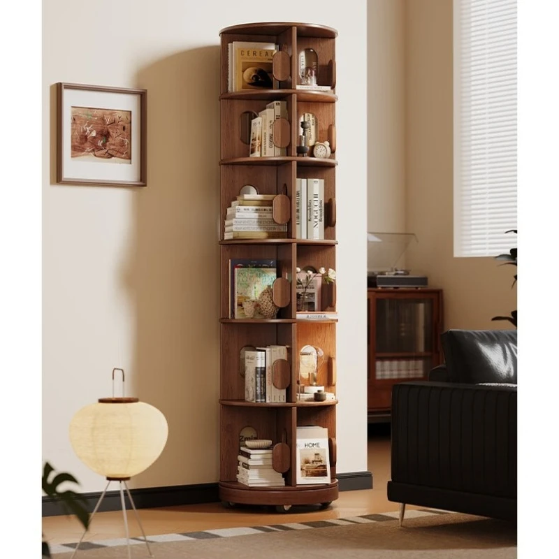 

All solid wood rotating bookshelf 360-degree bookcase multi-layer storage, removable floor shelf against the wall