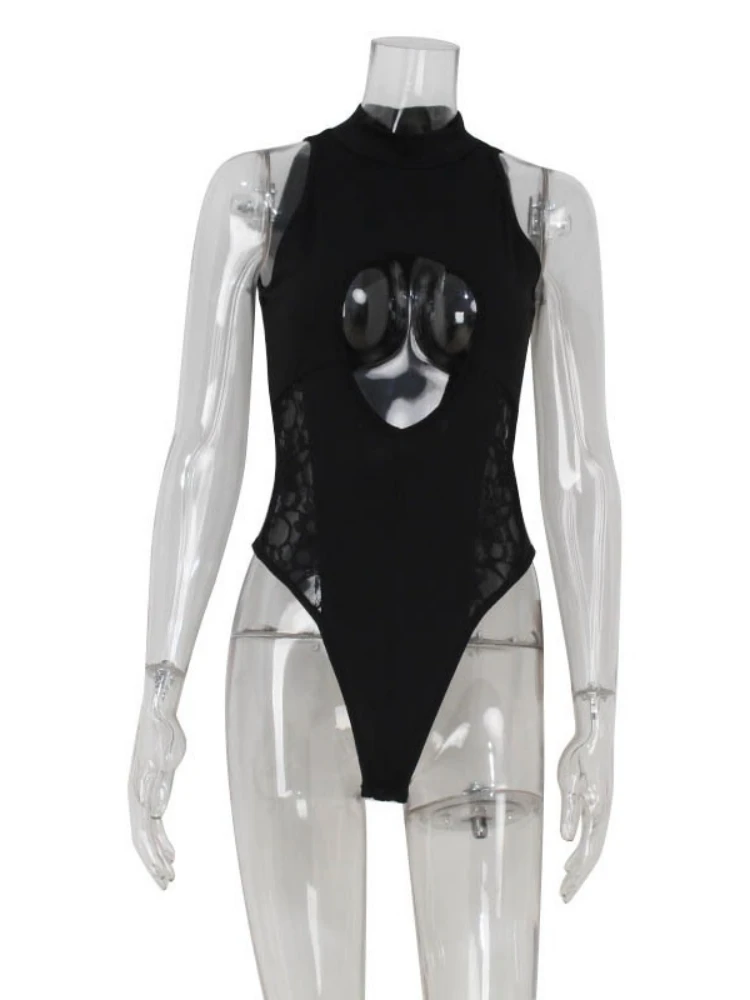 Hollow Out Sexy Bodysuit Lingerie Turtleneck Black Top Women Rave Outfit Lace One-pieces Body Feminino Bustier Lenceria Femenina