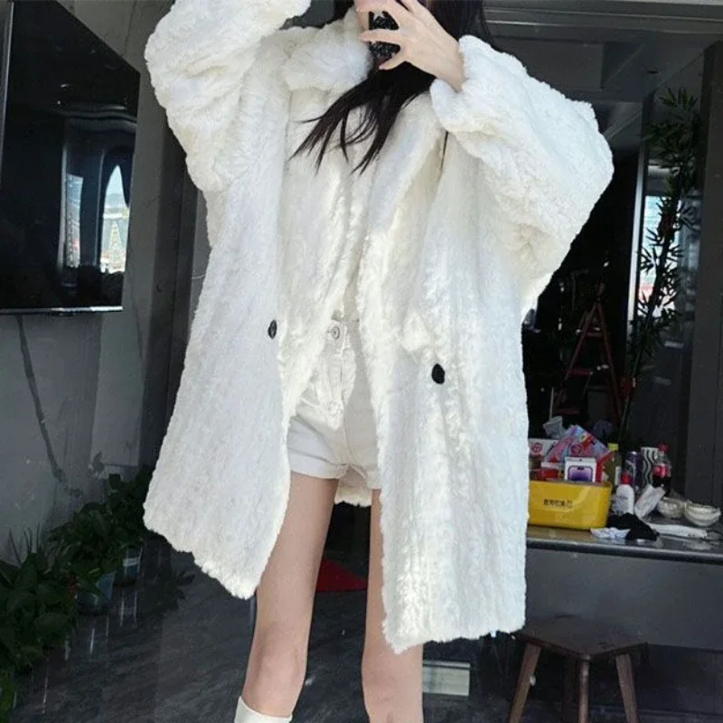 2024 Winter New Women Korean Style Faux Lamb Plush Fur Coat Female Fashion High-End Mid-Length Fleece-Lined Thick Casual Outwear