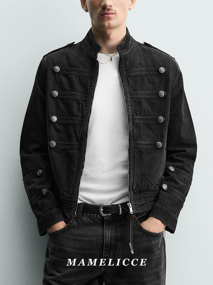MAMELICCE Original design New Men's European and American Style Vintage Washed Vertical Collar Jacket Slim Fit Jacket for Men