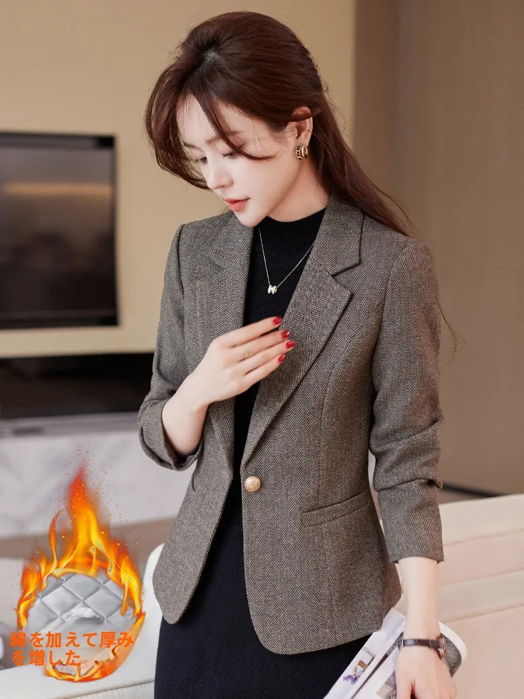 Women's Woolen Suit Jacket Thickened Short Style Casual Fashion Autumn Winter Polyester Fiber Full Lined Anti-Wrinkle