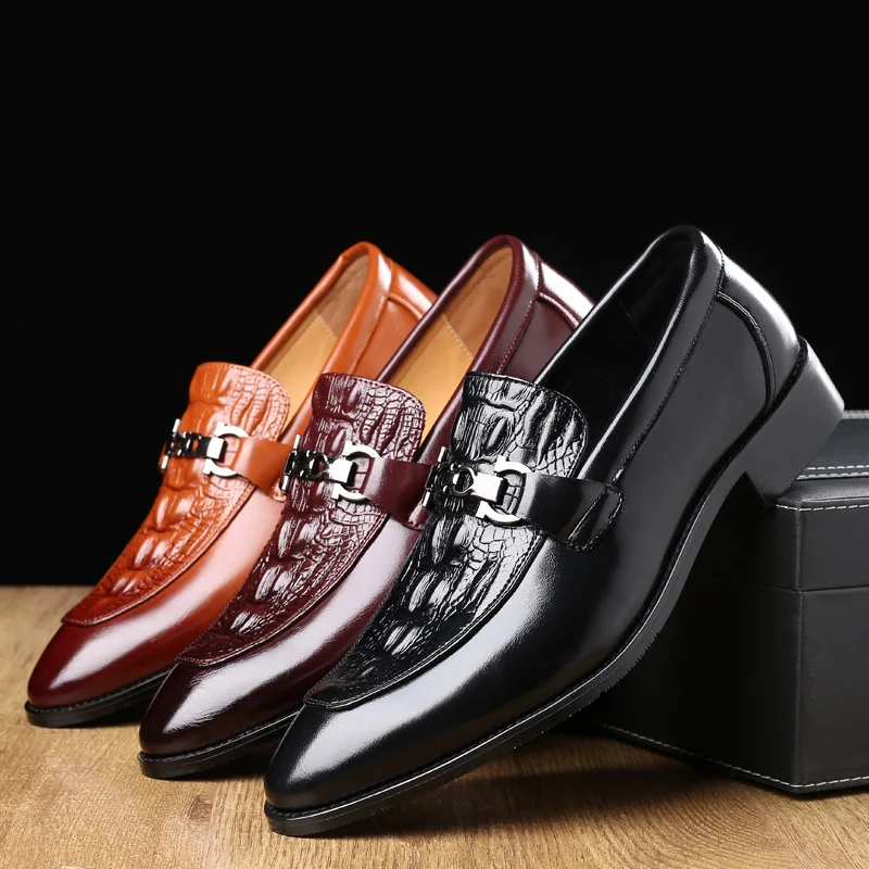 Men's Classic Retro Casual Business Shoes Crocodile Grain Leather Buckle Mens Fashion Wedding Party Loafers Men Slip-on Flats