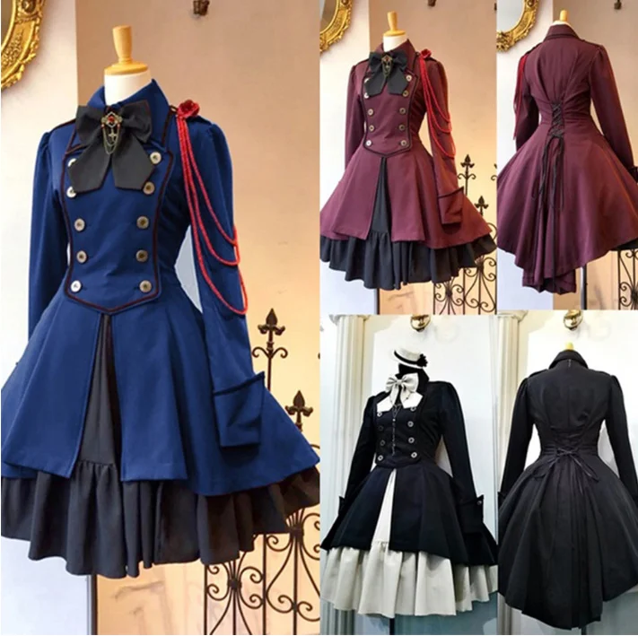 2022 Retro Gothic Lolita Dress OP Ruffled Bow Button Lace Knee Length Dress Long Sleeve Sweet