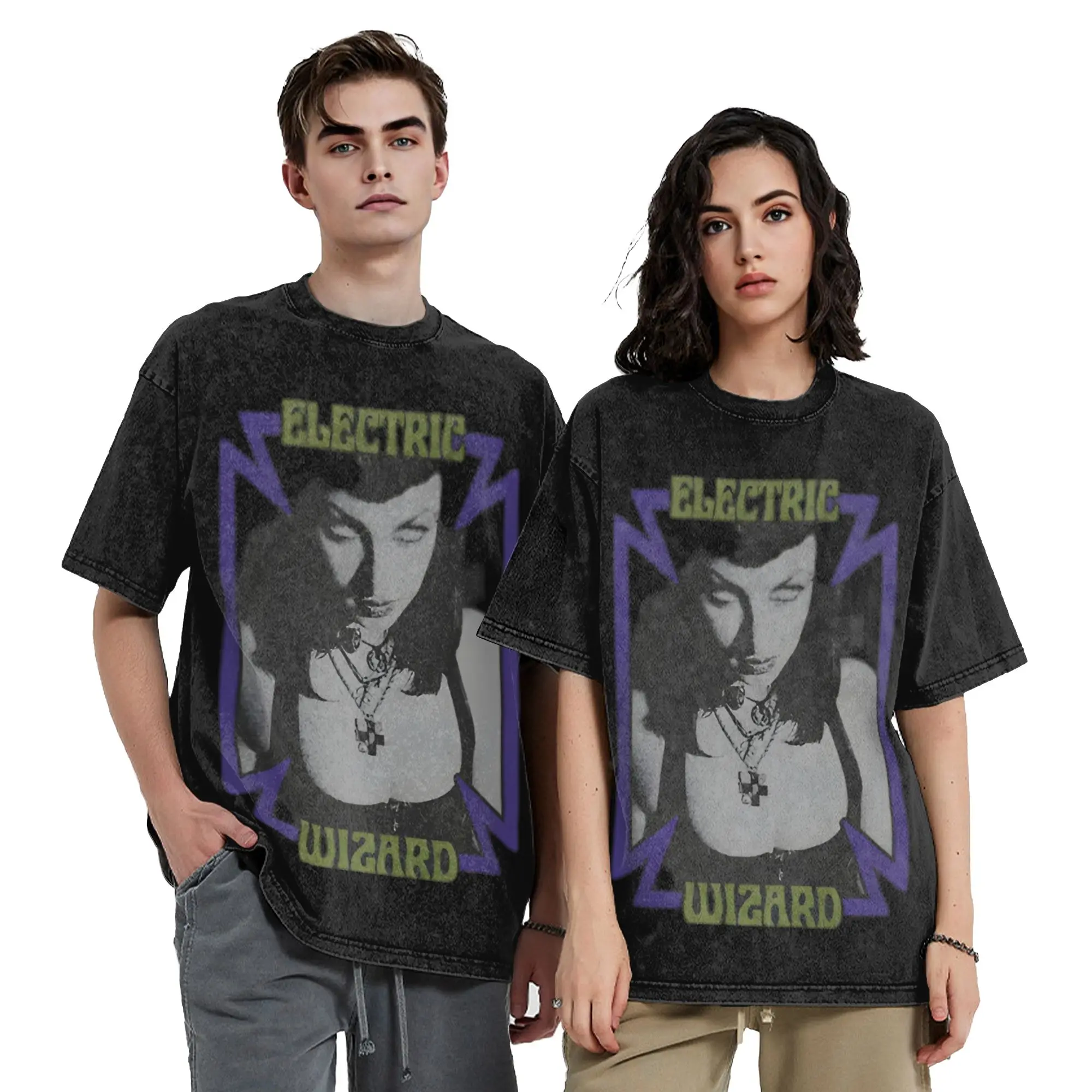 Washed T Shirts Heavy Metal Electric Wizards Hip Hop Vintage T-Shirts Harajuku Streetwear Cotton Printed Tops Tees for Men Women