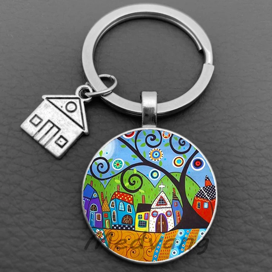 2024 Beautiful House Keychain Abstract Starry Sky Cabin Keychain Personalized Jewelry New Home Gift Keyring