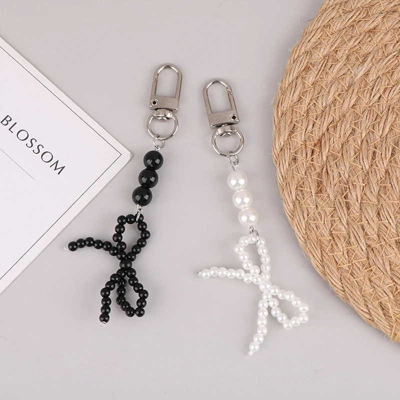 Korean Bowknot Keychain Simple Bow Beaded Keyring Imitation Pearl Key Holder Bag Pendant Camera Strap Girl Gifts