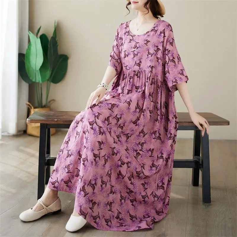 

Dimanaf Plus Size Women 2024 New Summer Style Dress O-Neck Floral Loose Dress Green Linen Basic Dresses 5020