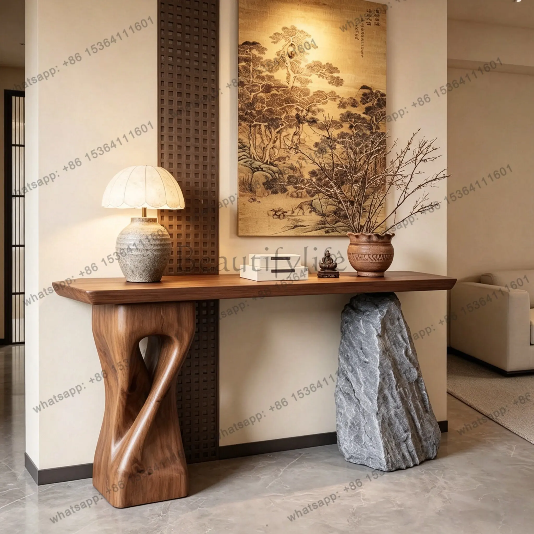Vintage style solid wood entryway table, home entryway console, hallway console, imitation stone feature table