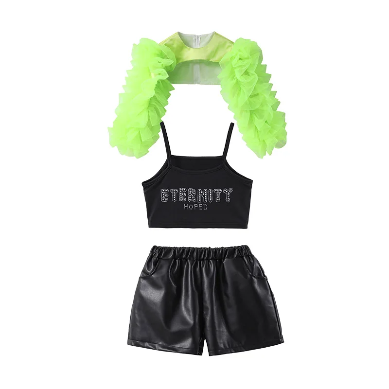 Traje de baile de Jazz para niños, conjunto verde de fruta dopamina con ombligo expuesto, disfraz de baile callejero de JAZZ para espectáculo de pasarela