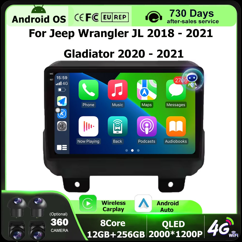 

360-камера, автомобильный радиоприемник, мультимедийный видеоплеер, GPS для Jeep Wrangler JL 2018-2021, Gladiator 2020-2021, Android 16, Auto Carplay DSP