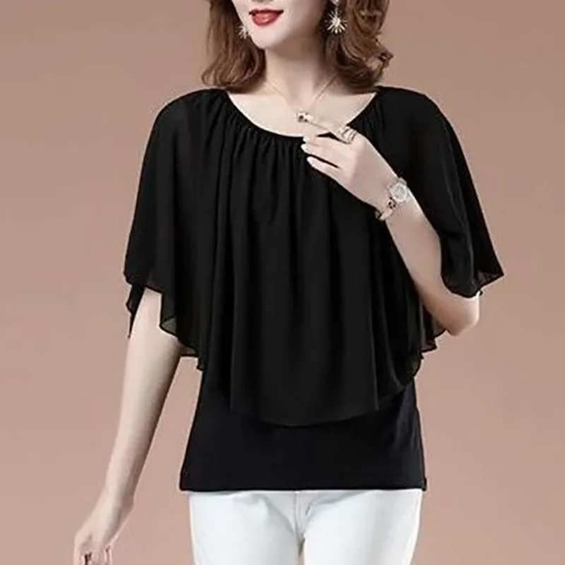 Elegant O-Neck Folds Batwing Sleeve Chiffon Blouse Women's Clothing 2024 Summer New Oversized Casual Pullovers Office Lady Shirt