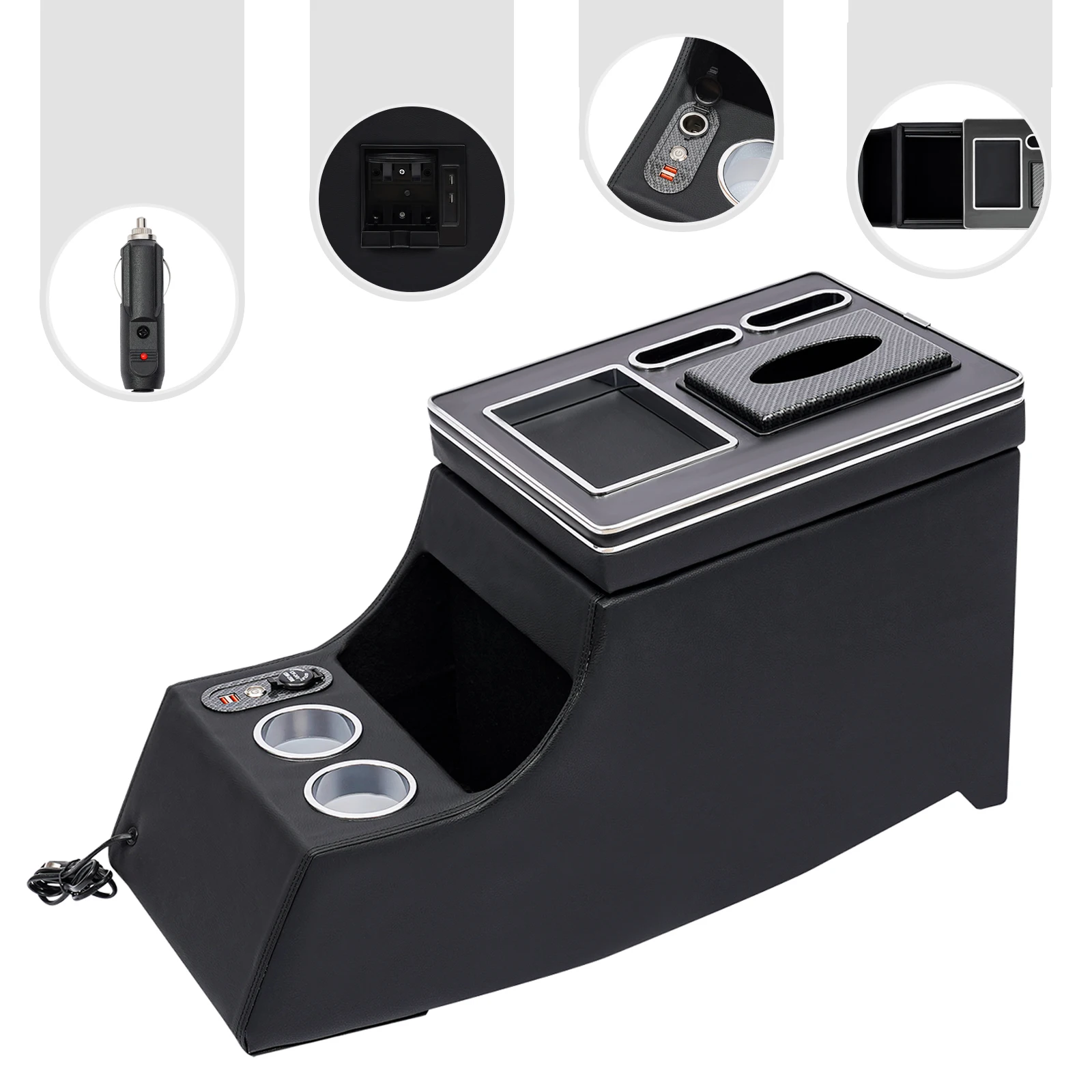 Auto-Armlehnenbox Mittelkonsolen-Organizer mit LED-Licht und Zigarettenanzünder, passend für Mercedes Benz Viano Vito W639 2003-2014, PU-Leder