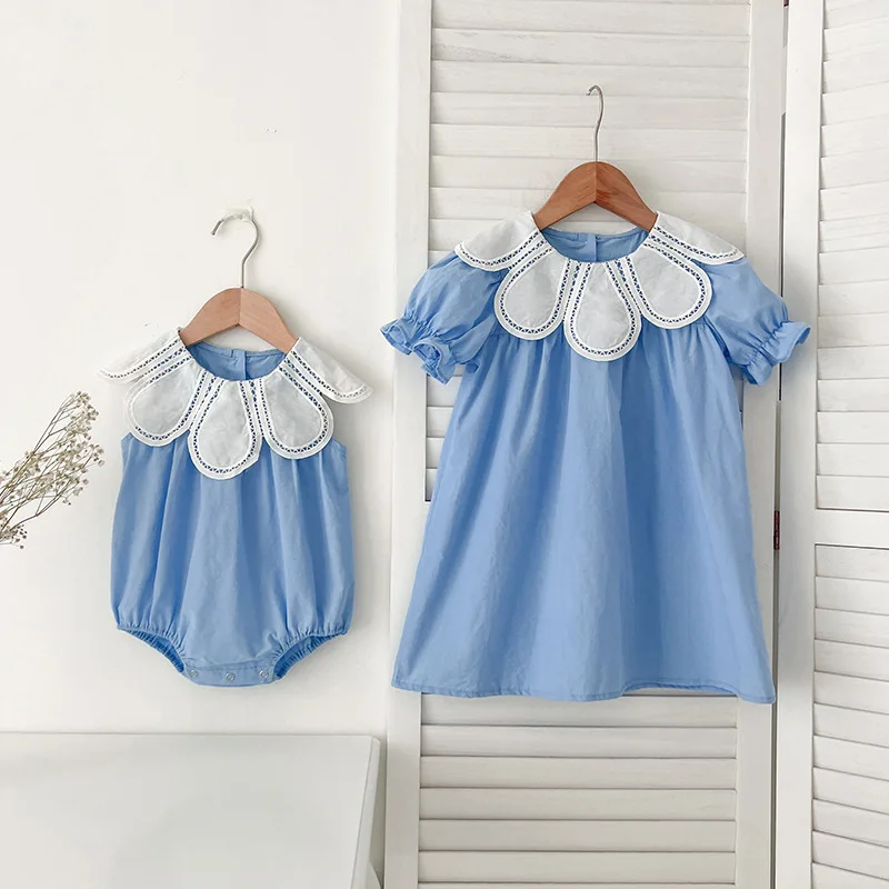 

0-6Yrs Sister Matching Outfit Baby Romper Princess Dresses Petal Collar Kids Clothes Puff Sleeve Baby Girl Cotton Spanish Dress