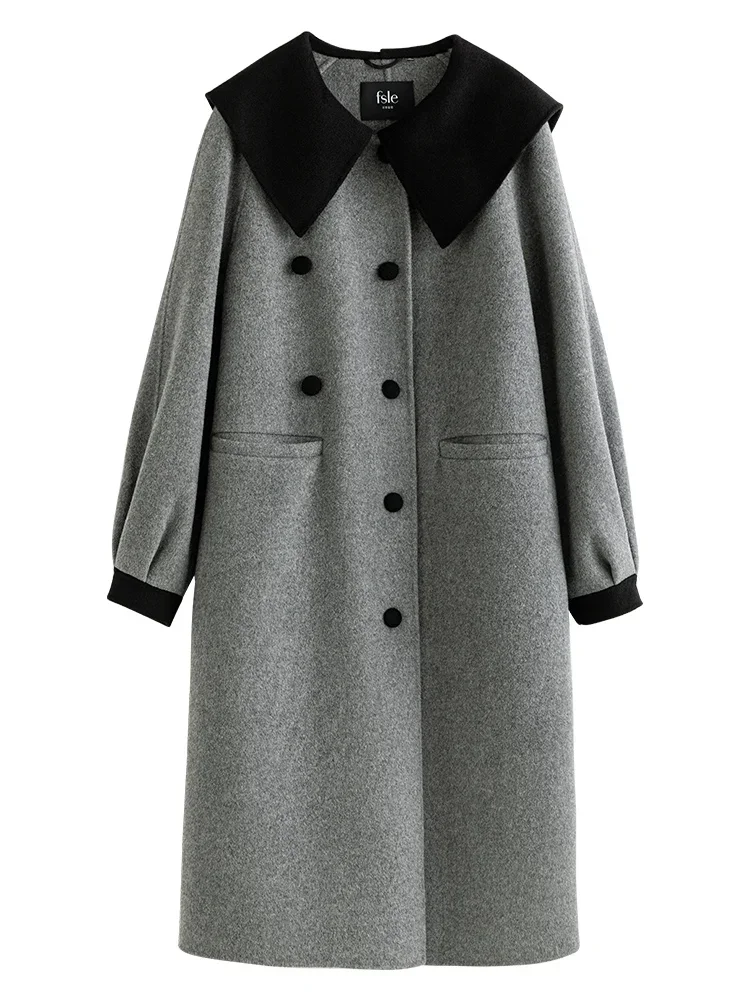 FSLE Large Navy Collar Double-sided Woolen Coat Women Winter 2022 New Sweet Contrasting Color Age-reducing Female Wool Coats