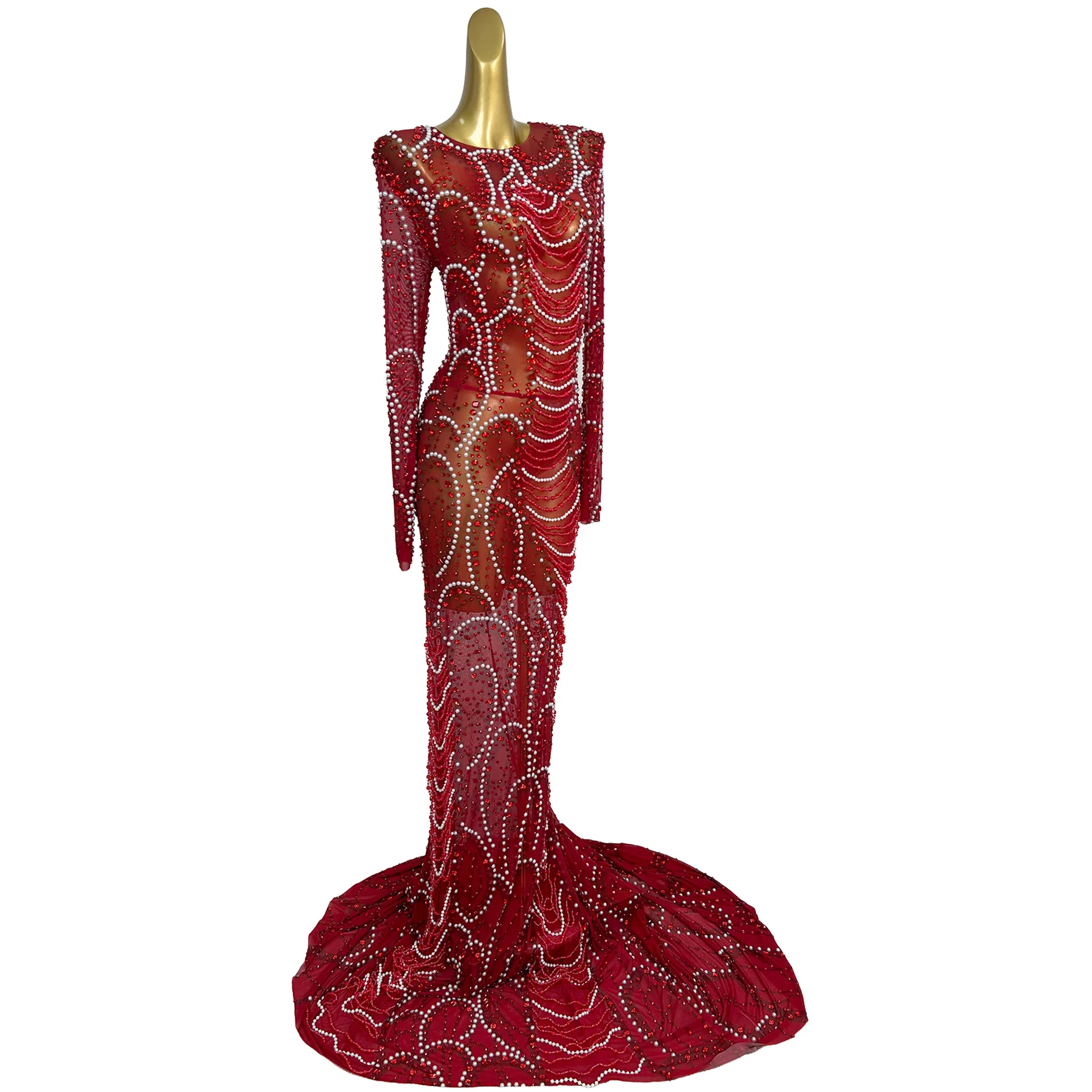 Yueshi Red Mesh Mermaid Gown with White Pearl and Red Rhinestone Wavy Pattern and Long Train for Gala Events