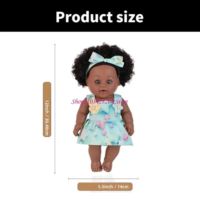 12inch African American Black Doll Soft Body Reborns Doll Collectible Display Toy for Parenting Game Enthousiasts