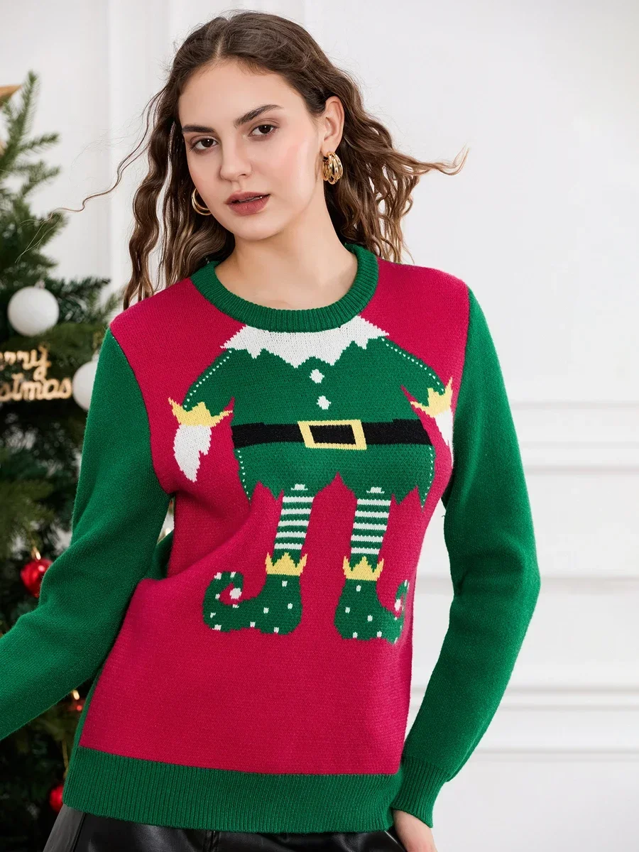 Women Cute Christmas Sweaters Casual Trendy Elf Legs Print Crew Neck Warm Pullover Basic Knitwear for Autumn Streetwear 2025