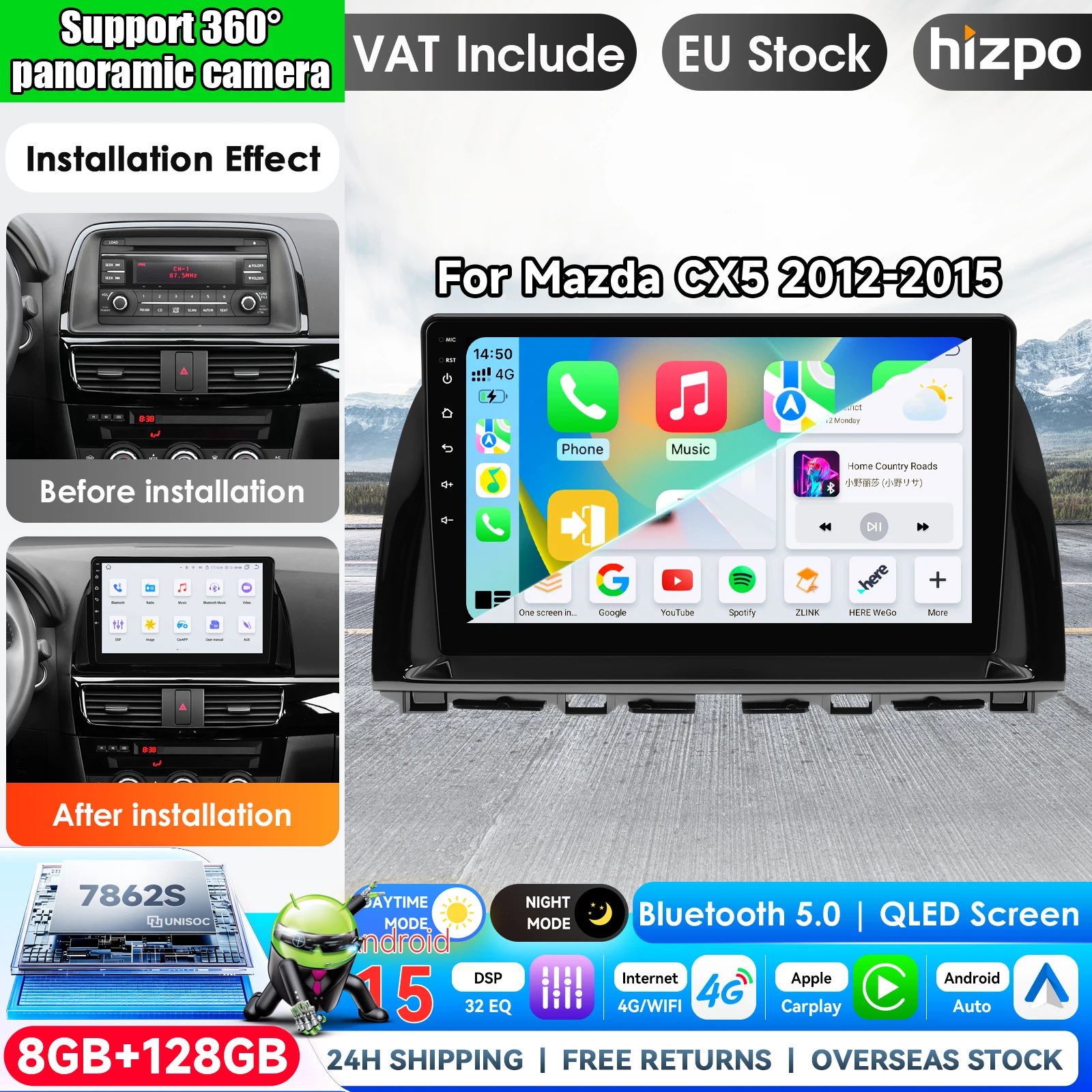 Hizpo 7862 Android 14 Auto-Multimedia-Player für Mazda CX5 CX-5 2012-2015 10,1 Zoll Video Autoradio GPS Navigation Stereo 2-DIN Head Unit BT Intelligente Systeme Monitor Pro AI Sprachsteuerung