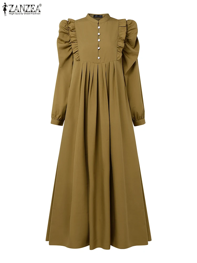 ZANZEA فساتين ماكسي متواضعة إسلامية للنساء أنيقة مكشكشة وأكمام طويلة مطوي عباية رداء حجاب إسلامي للعيد فساتين 2025 #5