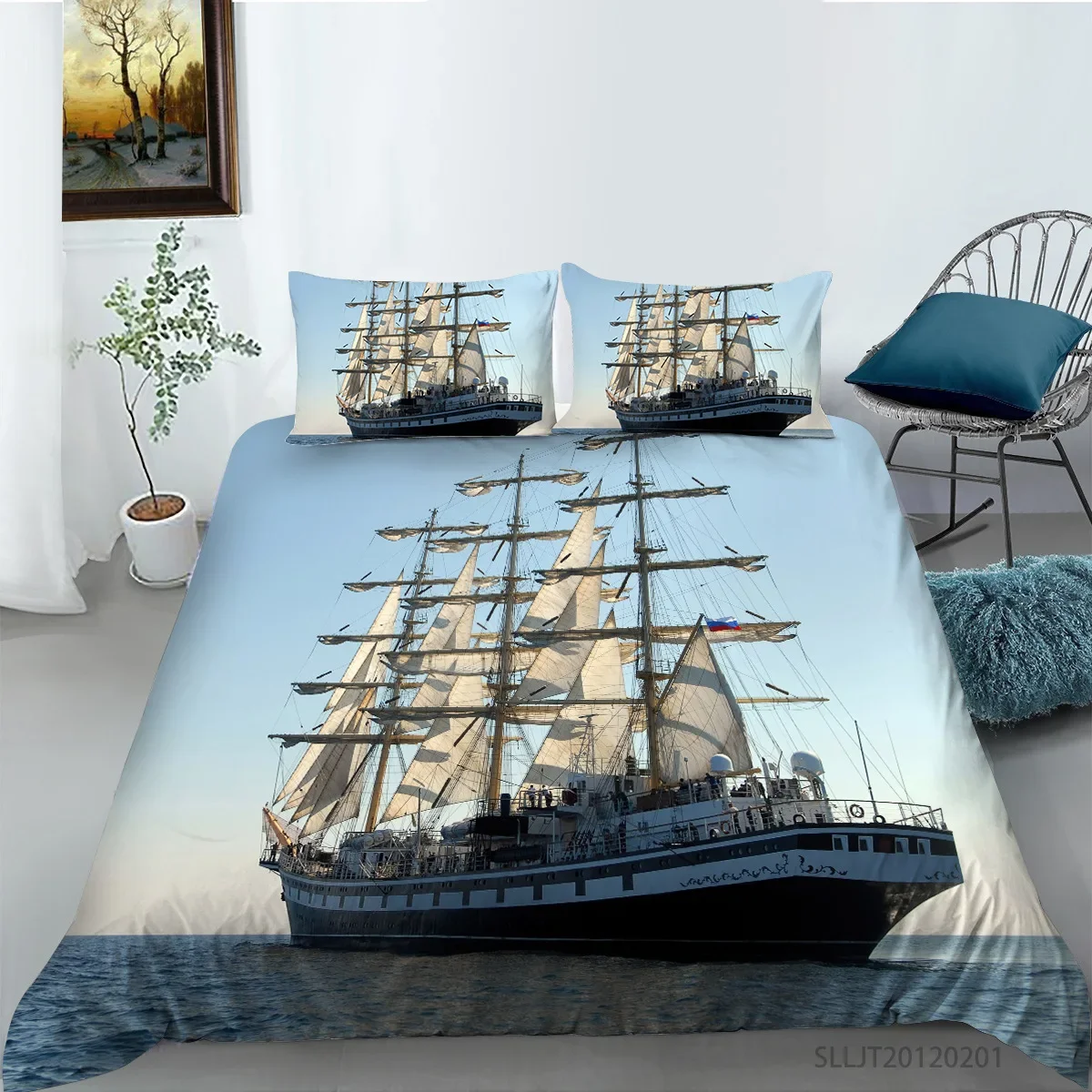 3D Ship Duvet Cover Set King Queen Size Large Freighter Container Print Bedding Set Blue Sea 2/3pcs Polyester Comforter Cover