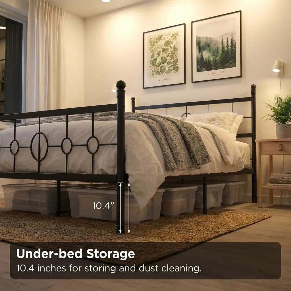 Heavy-Duty Vintage Metal Platform Bed Frame with Circular Headboard – Noise-Free, No Box Spring Needed, Underbed Storage, Easy Assembly – Full/Queen/King Size, Black