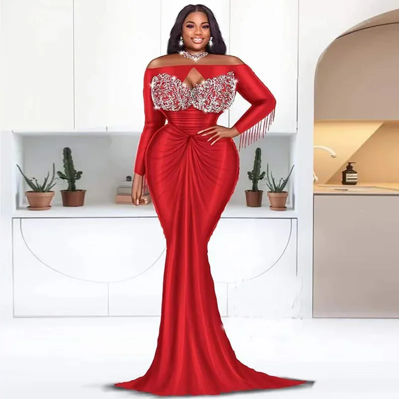 African Lace Appliques Party Dress Saudi Arabia Red Mermaid Evening Gowns Aso Ebi Style Plus Size Long Sleeves Prom Dresses