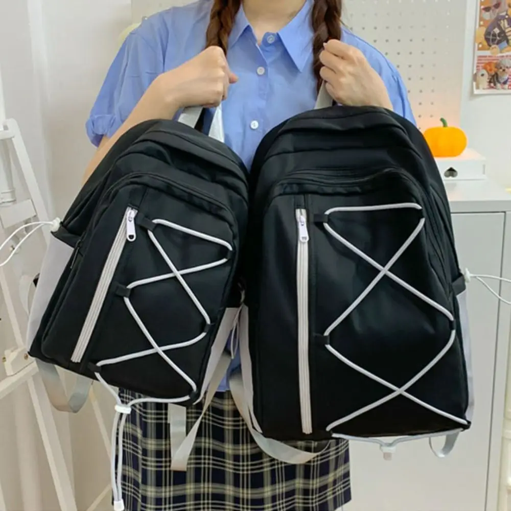 Casual Multi-pockets Drawstring Backpack Solid Color Dopamine Student School Bag Cloth Large Capacity Travel Rucksack Students