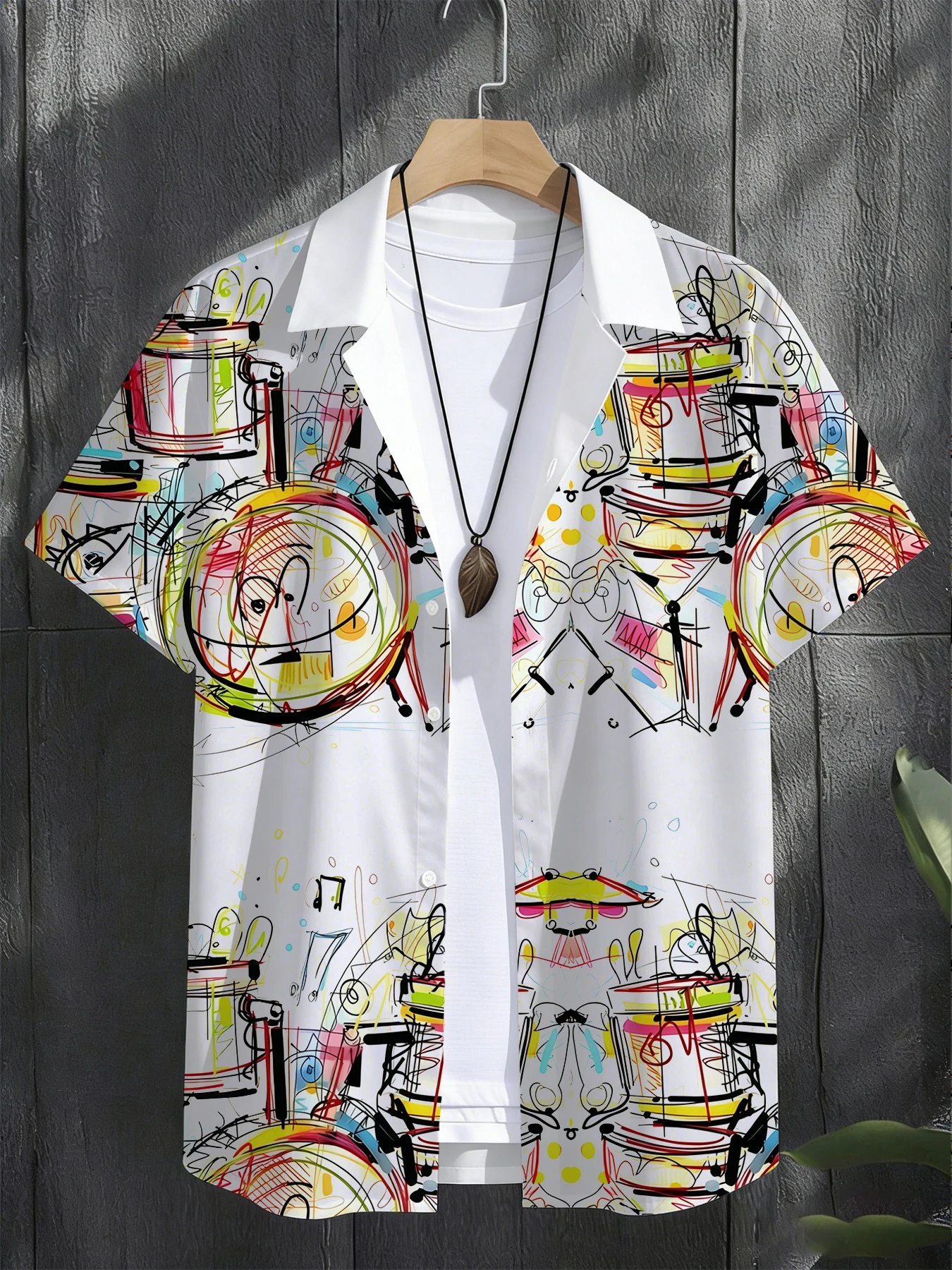

Мужская премиальная рубашка с коротким рукавом и абстрактным принтом барабанов, с отложным воротником на пуговицах, в стиле музыкальной и уличной моды