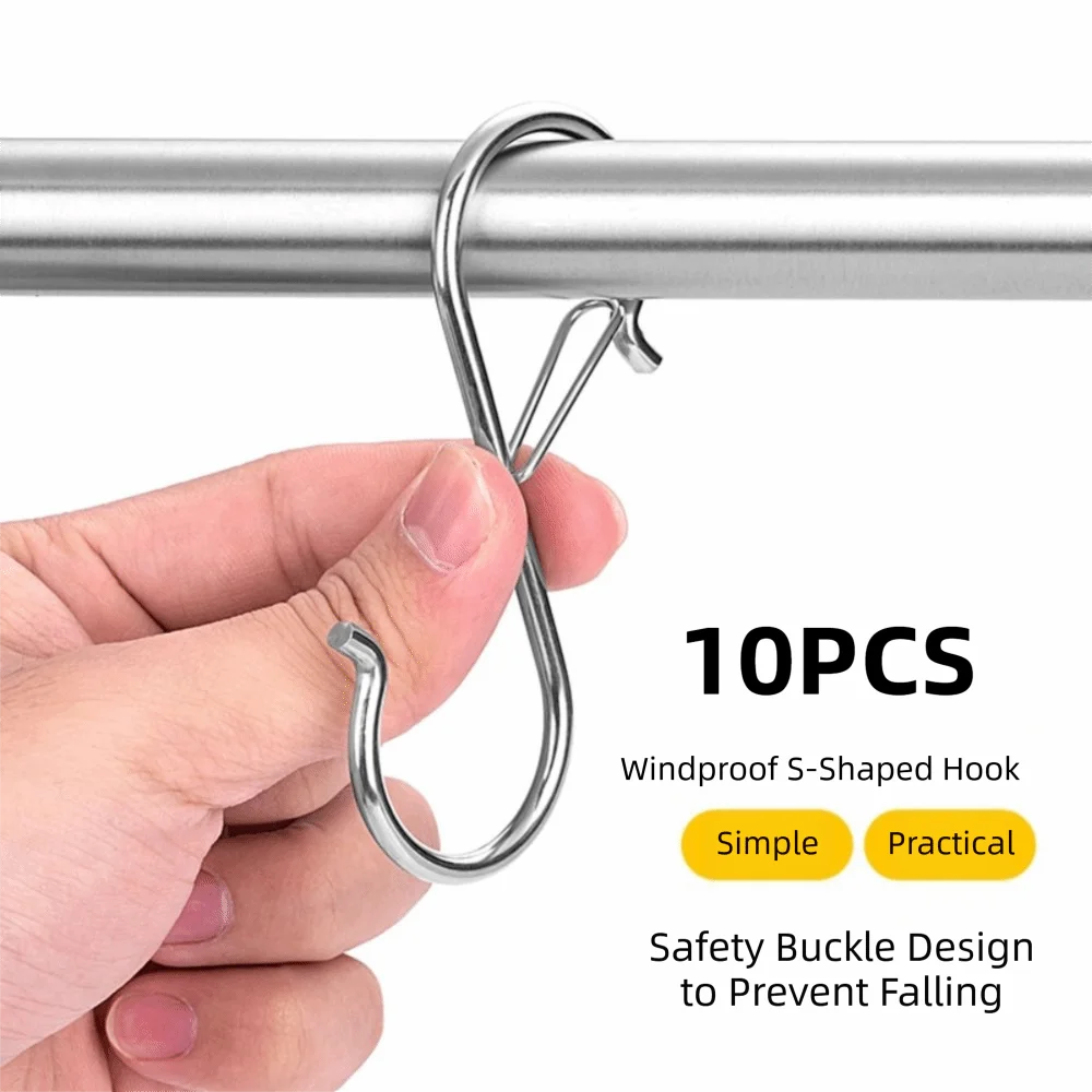 10Pcs S-Shape Balcony Clothes Hanger Windproof Spring Clasp Windproof S-Type Hook Stainless Steel Thickened
