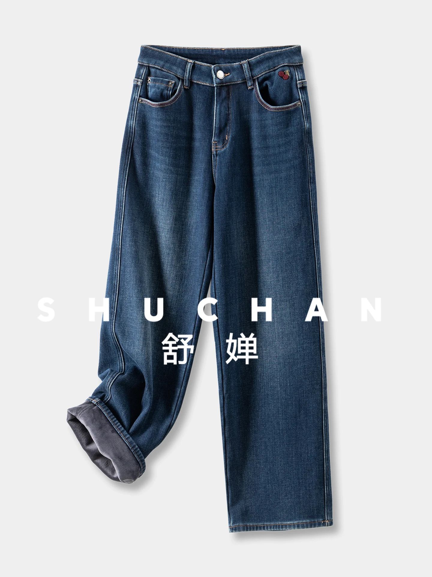 Inverno quente, cereja francesa bordado veludo de cintura alta reta jeans de perna larga feminino 29i4 pantalones de mujer