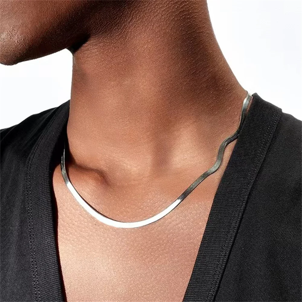 4mm Titanium Steel Flat Snake Chain Necklace For Men Women Hip Hop Party Jewelry Accessories Basic Chain Necklace