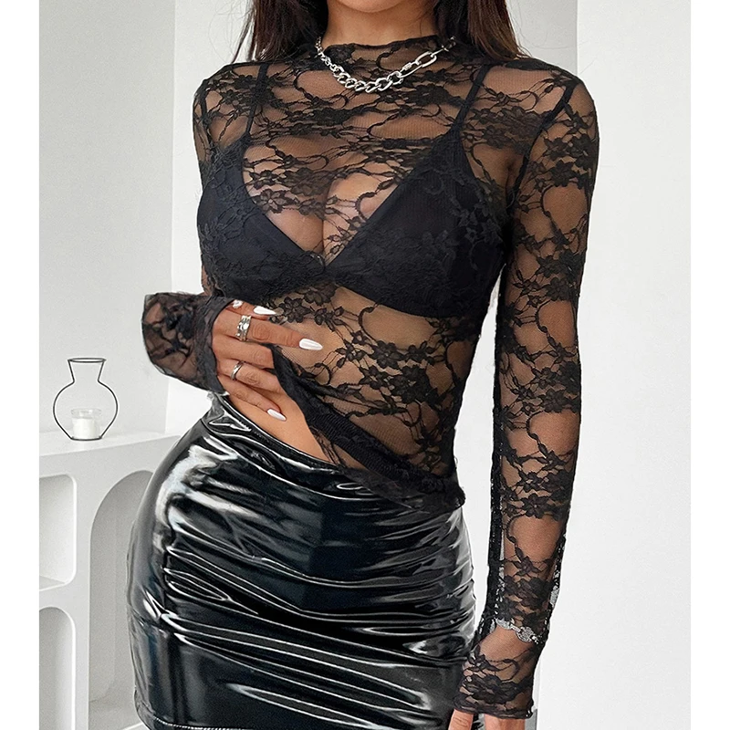 

American Sexy See Through Lace Tee Women Long Sleeve Knit Ruffled Top Elegant Fashion Nightclub Street Chic Lady Pullover