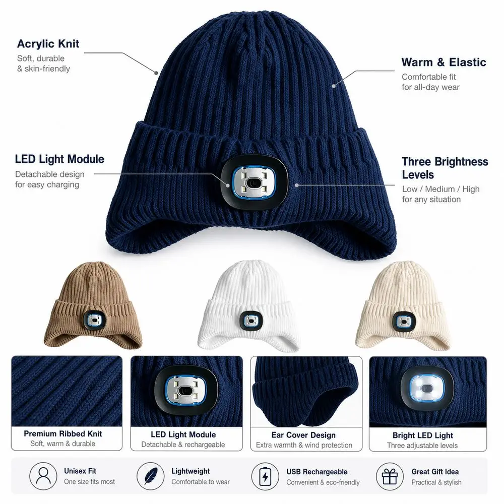 Rechargeable LED Light Beanie White LED Light Warm and Elastic Lighted Beanie Hat Knitted Three Brightness Levels