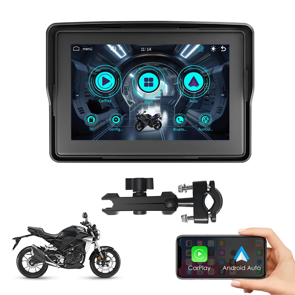 

Carlam 5 inch Motorcycle Wireless Apple Carplay Android Car Portable Navigation GPS Screen IPX7 Waterproof Display Dual BT