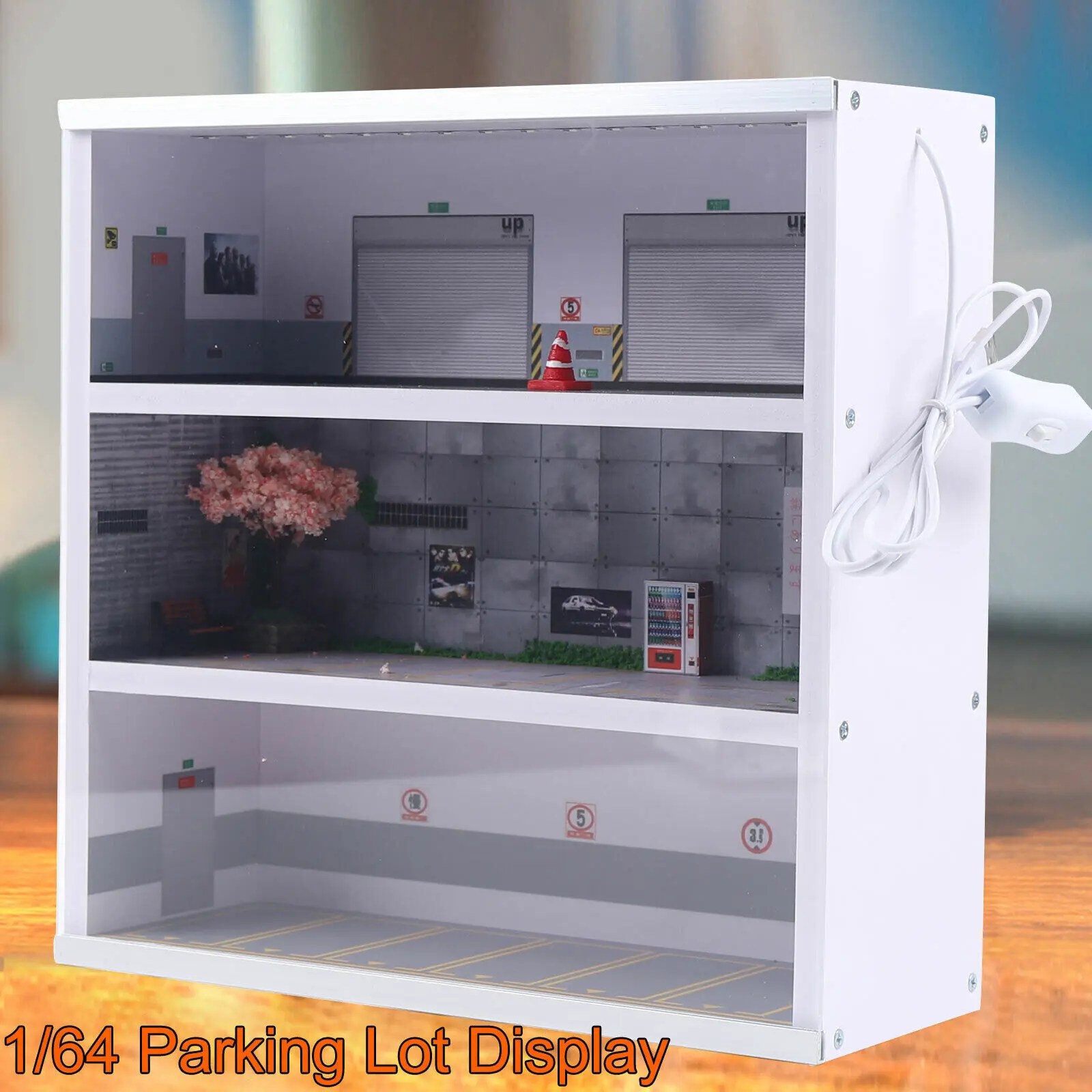Loyalheartdy 3 Layer Display Case for Model Cars Garage Collectible Show with Led Lights 1:64 Scale Parking Space Scene Decor