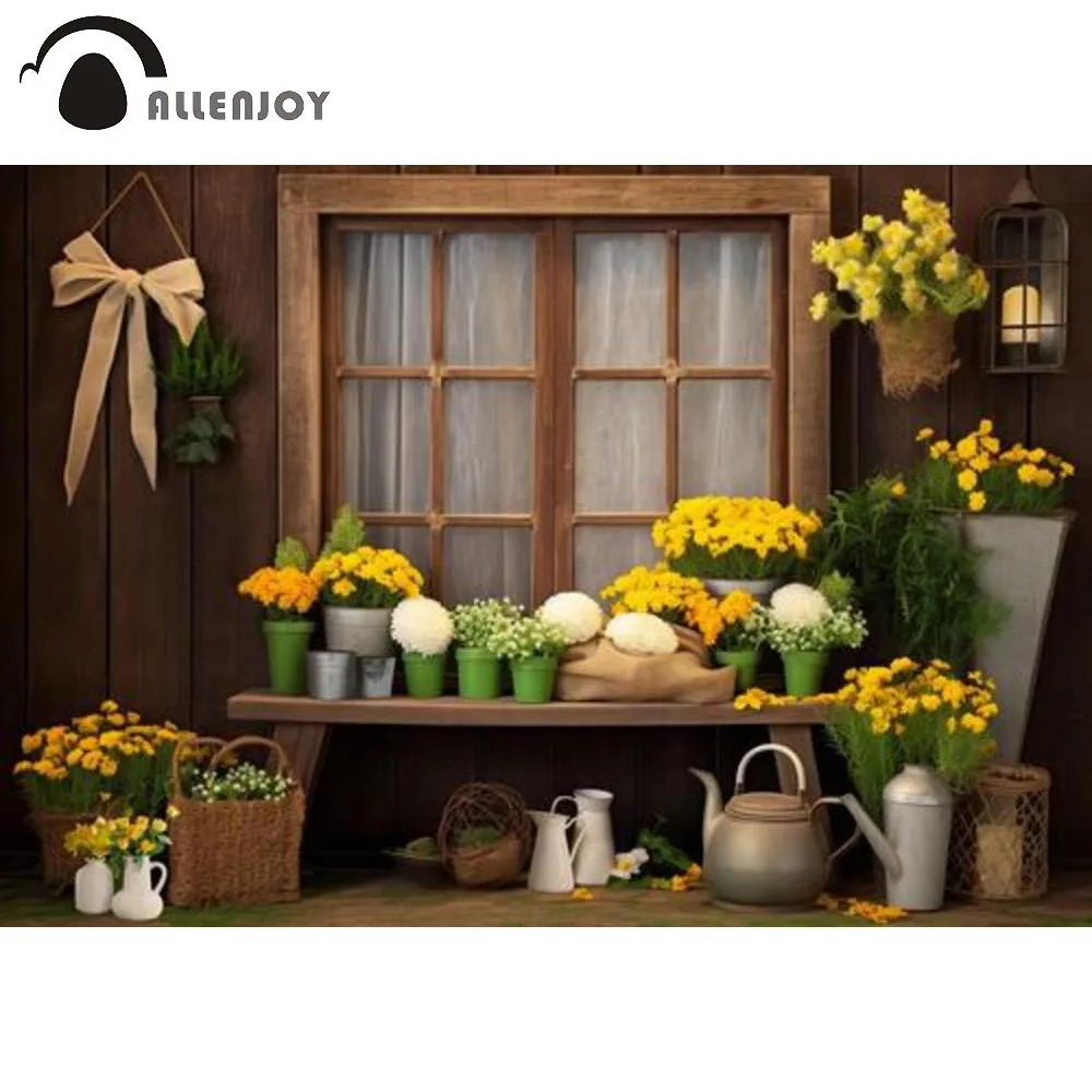 

Allenjoy Rustic Greenhouse Flower Room Photography Backdrop Wooden Window Spring Floral Photoshoot Background