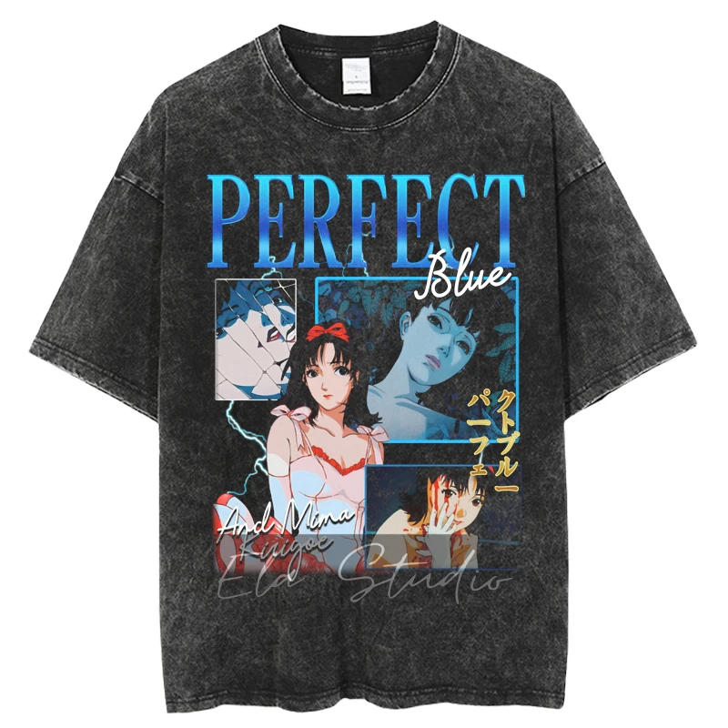 Japanese Anime Vintage Washed Perfect Blue T Shirt Summer Men Women Oversize Casual O-Neck Cotton Short Sleeve  T Shirt