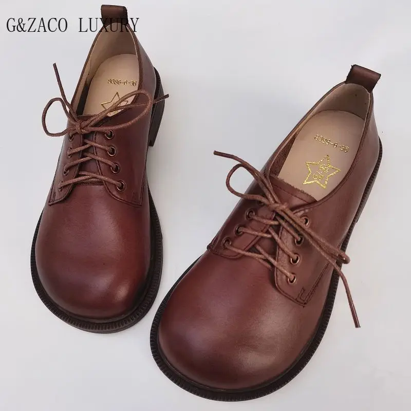 2024 Spring British Style Big Wide Shoes Genuine Leather Lace Up Natural Leather Shoes Soft Cowhide Single Shoes for Women