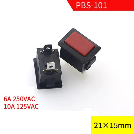Бесплатная доставка 10 шт AC 250V/6A 125V/10A 2 Pin SPST красная кнопка мгновенный кулисный переключатель 1NO PBS-101
