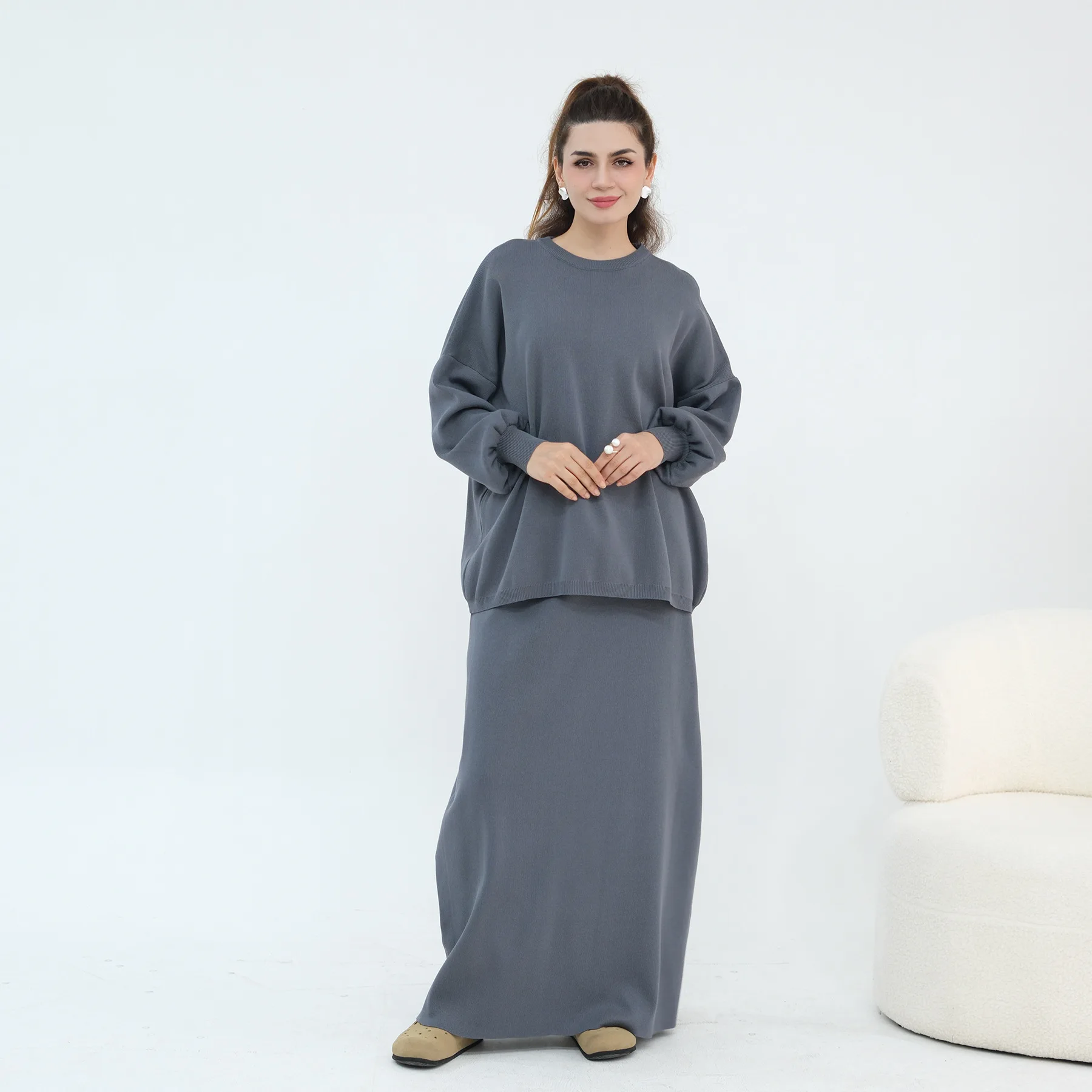 Jesień Zima Bliski Wschód Nowa Moda Damska Jednolity Kolor Casualowy Modny Luźny Gruby Prosty Podstawowy Zestaw 2-częściowy Odzież Damska