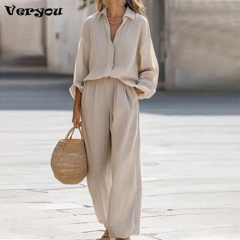 

Новая повседневная женская рубашка с отложным воротником и длинным рукавом, широкие брюки, комплект брюк, весенне-осенний свободный комплект из двух предметов для женщин