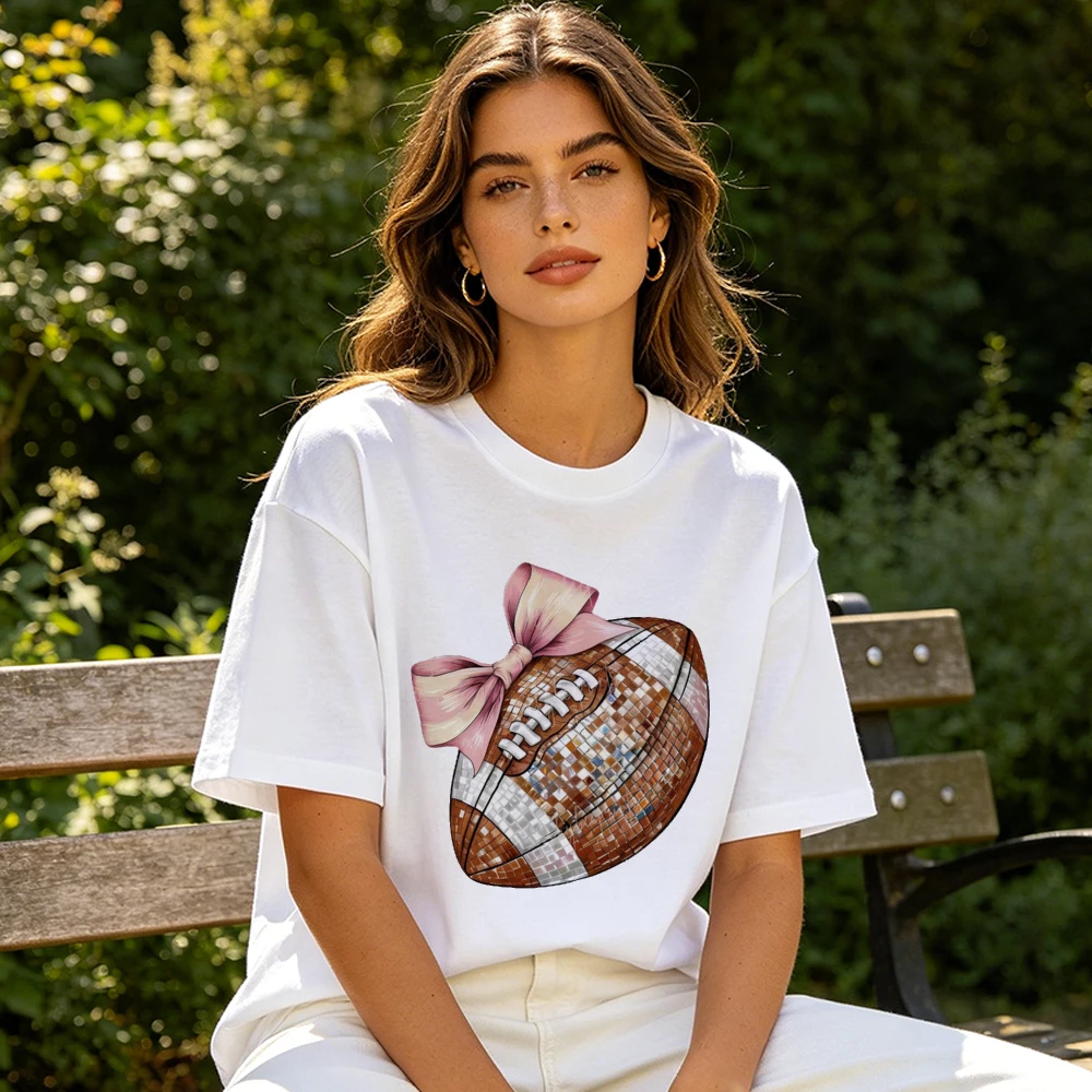 Disco Sequin Football Coquette Pink Bow Graphic Women Summer Cotton T Shirt Game Day Sport Girl Short Sleeve Garment