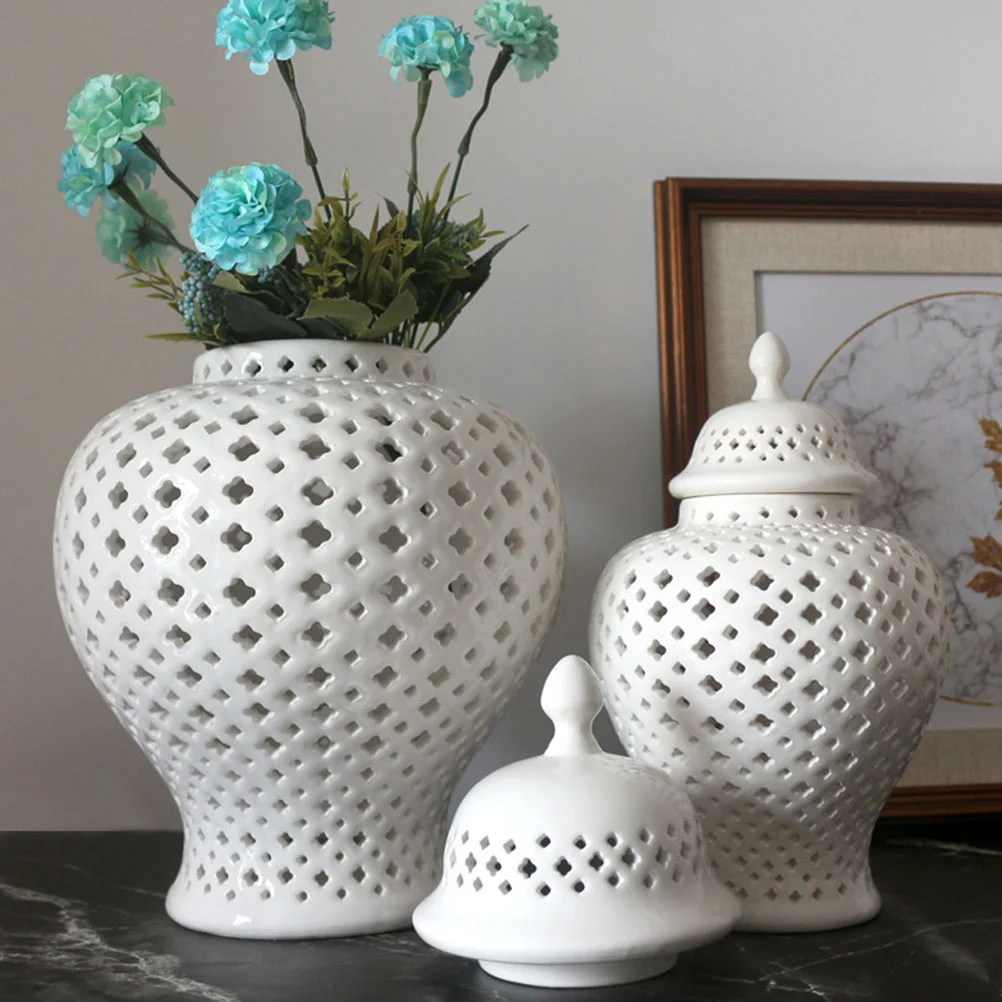 

Blue Vase Chinese Style White Hollow General Jar Prime Flower Holder Ceramic Artificial Desktop Decorative Office