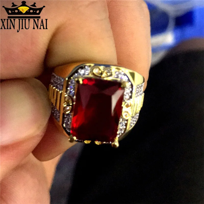 Gorgeous Male Big Red Stone s925 Ring Fashion 18KT Yellow Gold Filled Vintage Wedding Engagement Rings For Men gifts for men