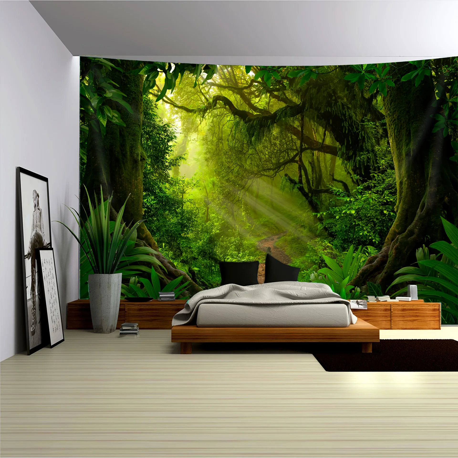 Aesthetic Jungle Tapestry Wall Hanging Tropical Forest Mural Nature Decor Boho Boho Bedroom Living Room Sunlight Canopy Greenery
