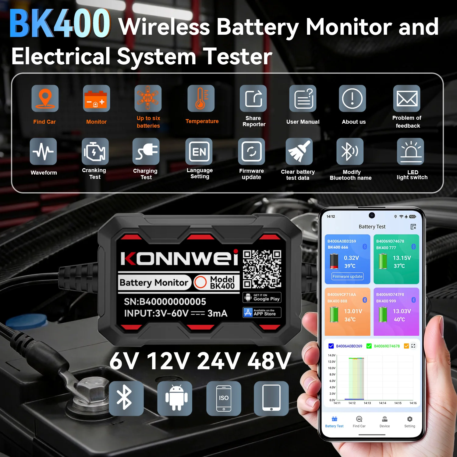 Battery Load Tester - KONNWEI BK400 Bluetooth 5.2 Car Battery