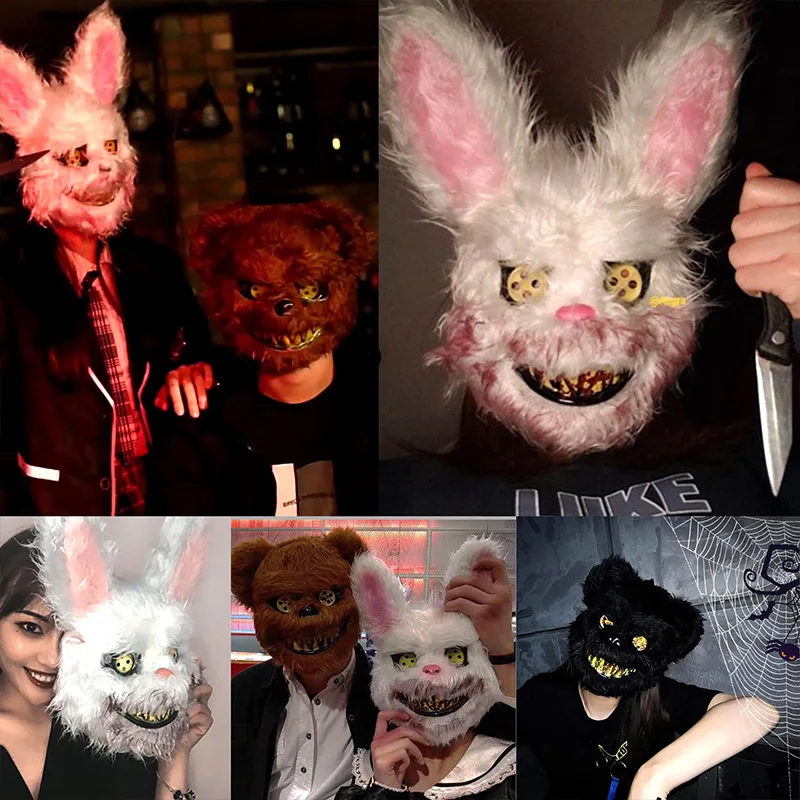 2025 novo halloween coelho sangrento urso de pelúcia máscaras trajes de férias prop purga cosplay realizar traje adulto tendência máscara horrível