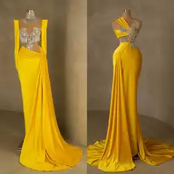 Yellow Mermaid Prom Dresses Sexy Illusion Crystal Beading Evening Gowns Formal Elegant Party Wear