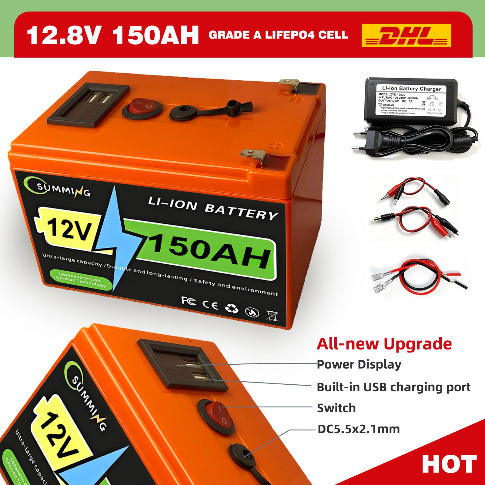 12V Lithium Battery Pack 120Ah 150Ah LiFePO4 with BMS USB QC 4000+ Cycle for Boat RV EV - 100Ah 160Ah Options Available